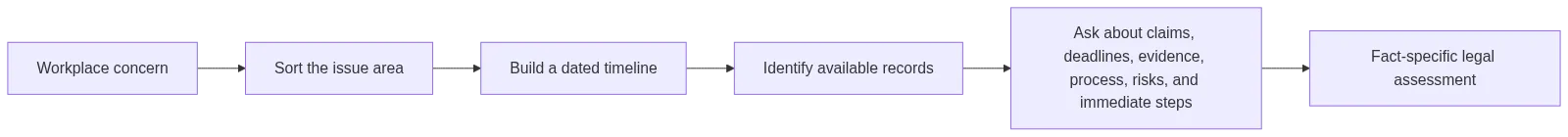 Flowchart showing a workplace concern moving through issue sorting, timeline and record organization, and consultation questions.