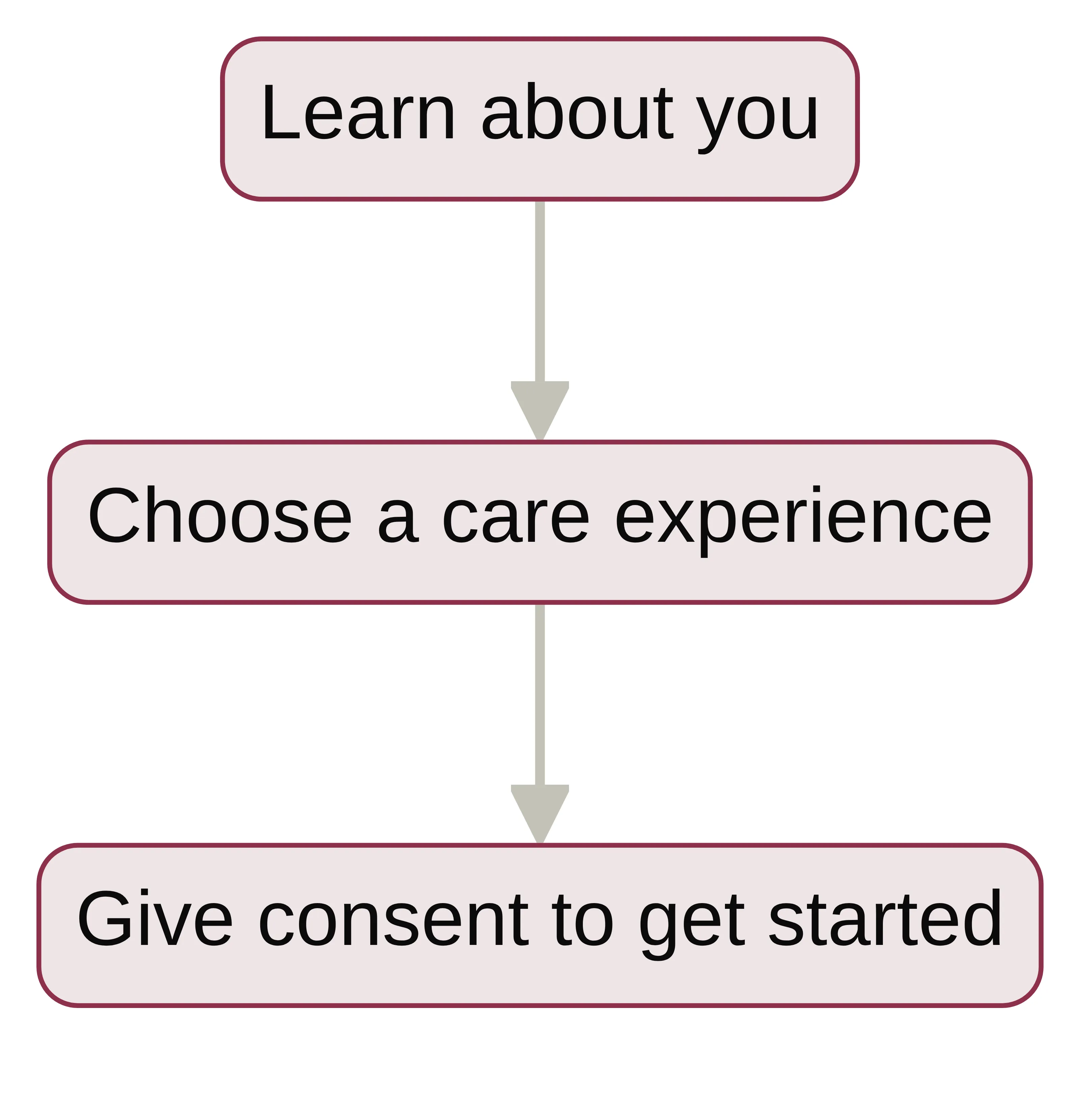 Process chart showing the three steps RelationshipHQ describes before starting care: learn about you, choose a care experience, and give consent to get started.