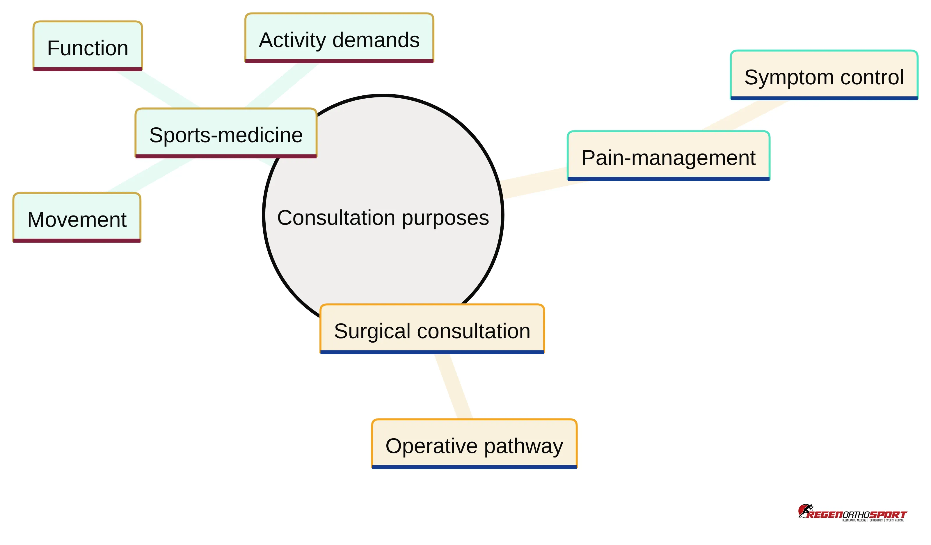 Concept chart showing three consultation purposes for back problems: sports-medicine focuses on movement, function, and activity demands; pain-management focuses on symptom control; and surgical consultation addresses an operative pathway.
