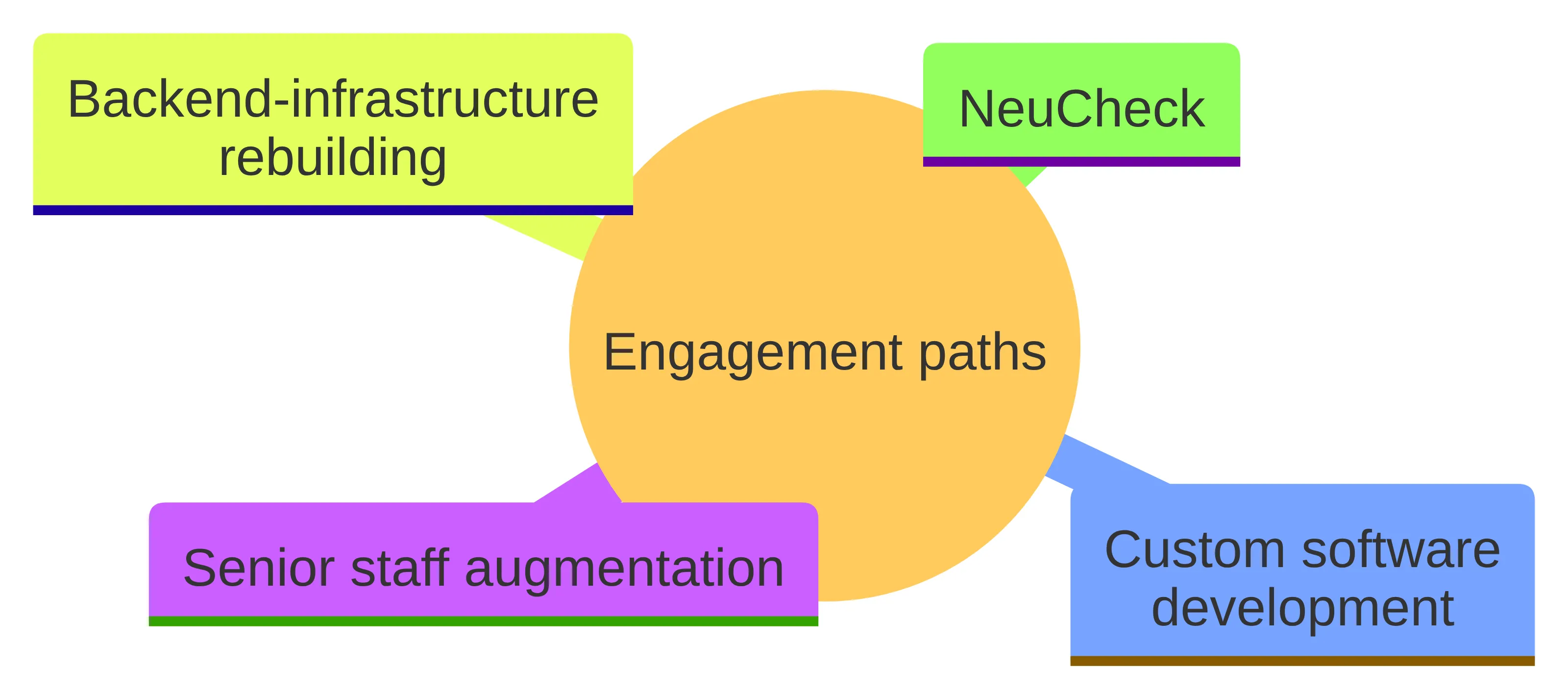 Concept chart showing four engagement paths for a hedge fund technology need: senior staff augmentation, custom software development, backend-infrastructure rebuilding, and NeuCheck. The visual organizes these named options as distinct parts of the engagement decision.