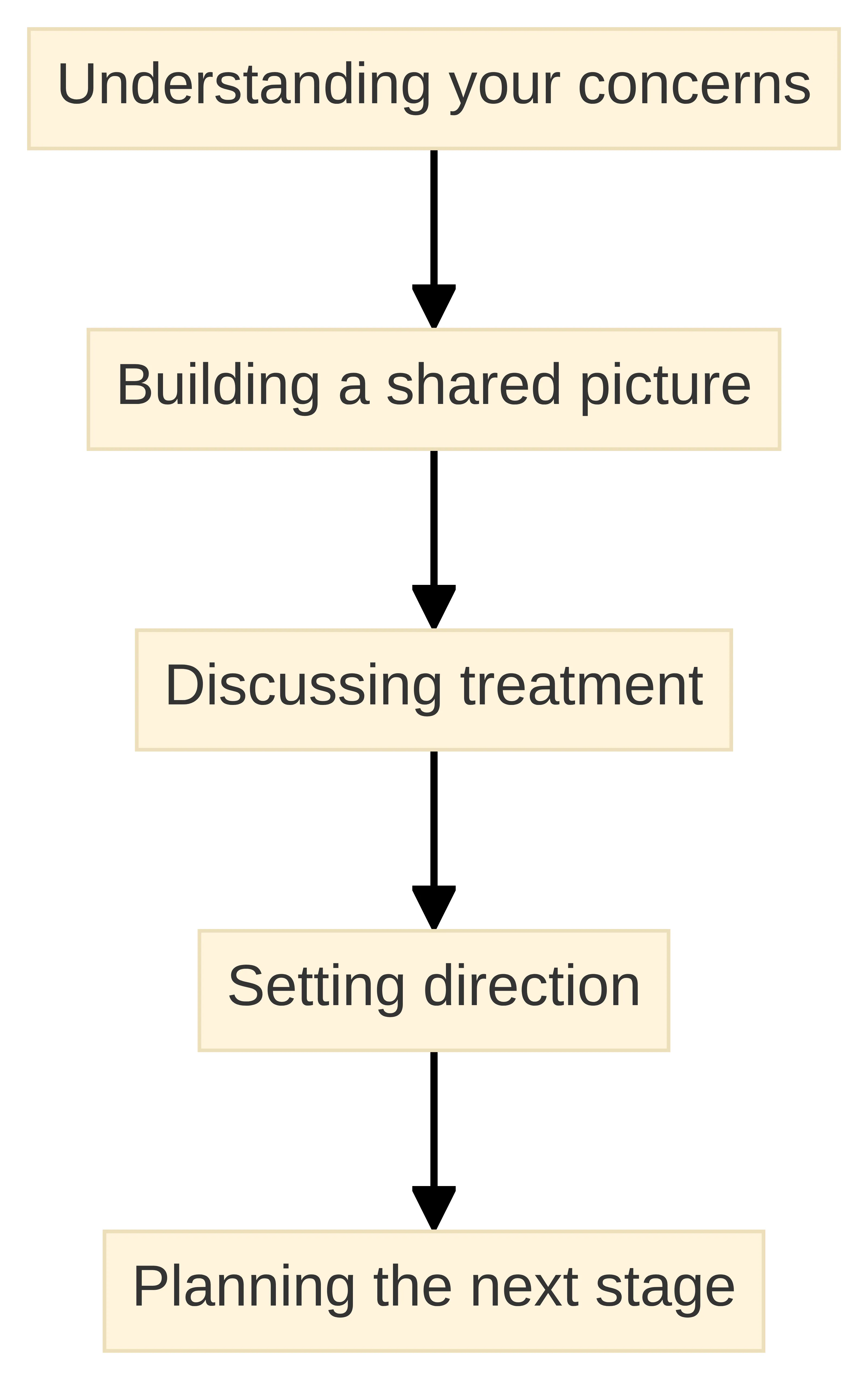 Process chart showing five connected early-therapy tasks: understanding your concerns, building a shared picture, discussing treatment, setting direction, and planning the next stage. The chart presents these tasks as a directional path through an initial therapy process.