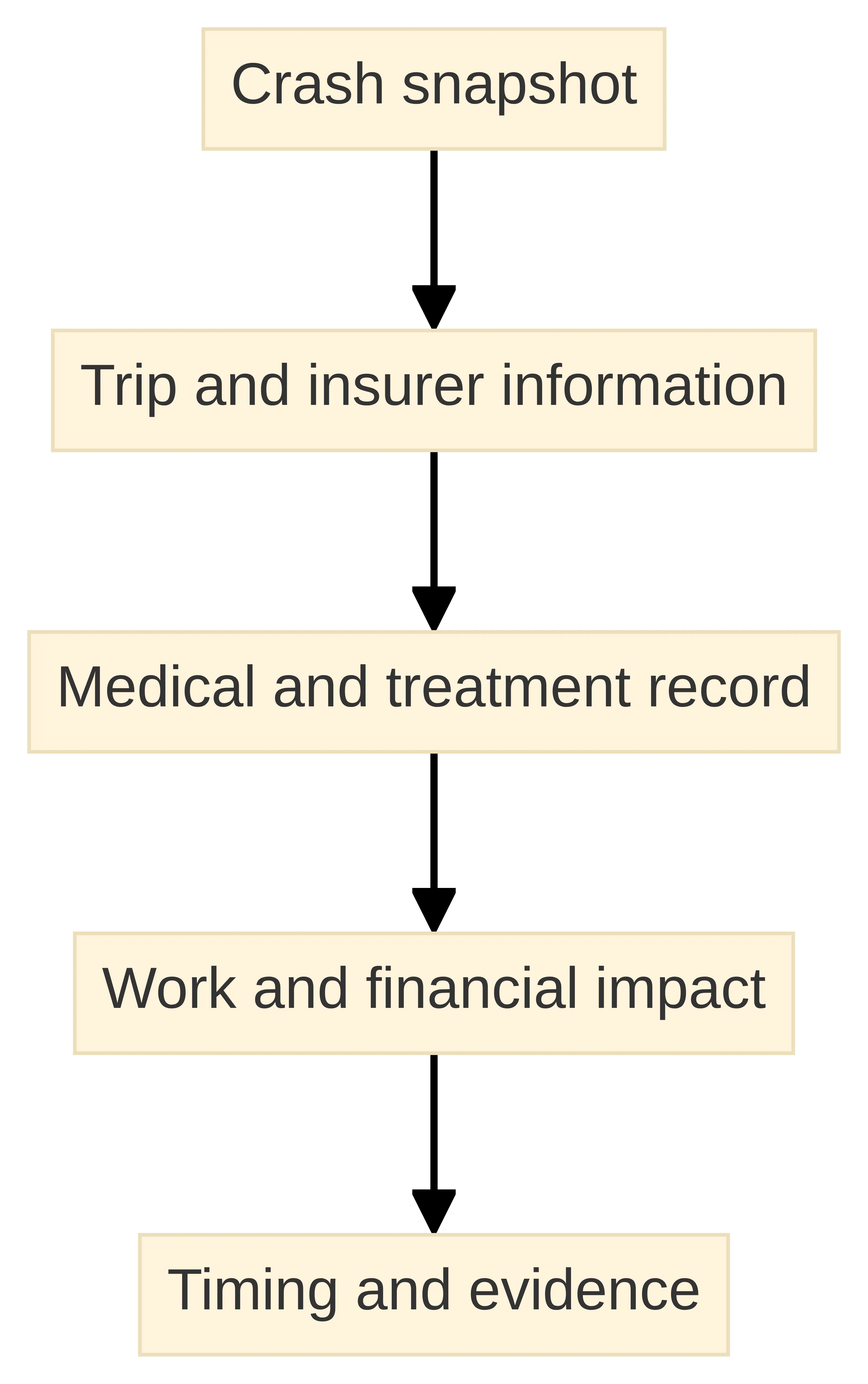 Process chart showing five connected parts of a Lyft crash consultation file: crash snapshot, trip and insurer information, medical and treatment record, work and financial impact, and timing and evidence.