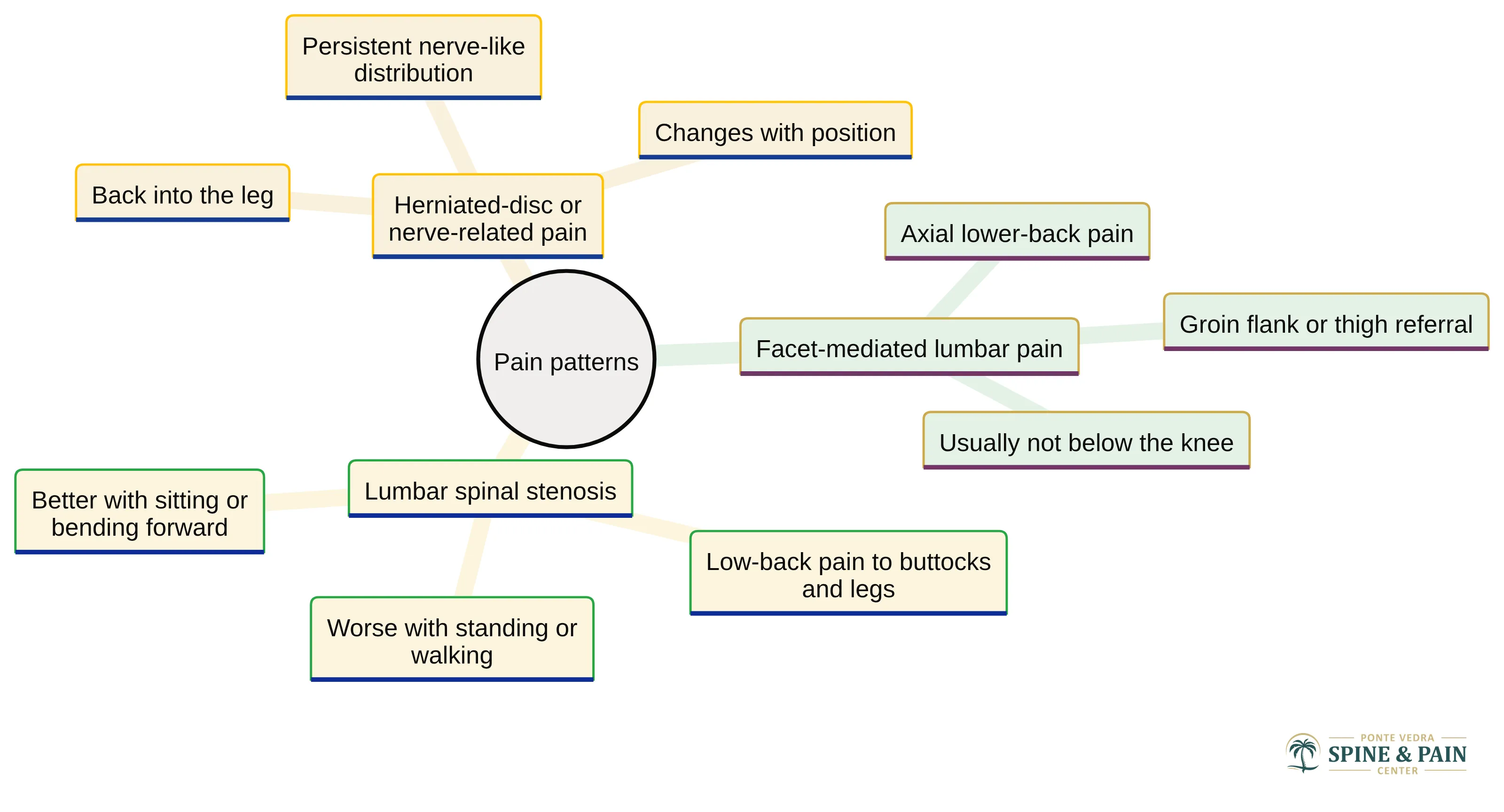 Concept chart organizing three back-pain patterns: facet-mediated lumbar pain with axial lower-back pain and referral toward the groin, flank, or thigh; lumbar spinal stenosis with symptoms reaching the buttocks and legs; and herniated-disc or nerve-related pain extending from the back into the leg.