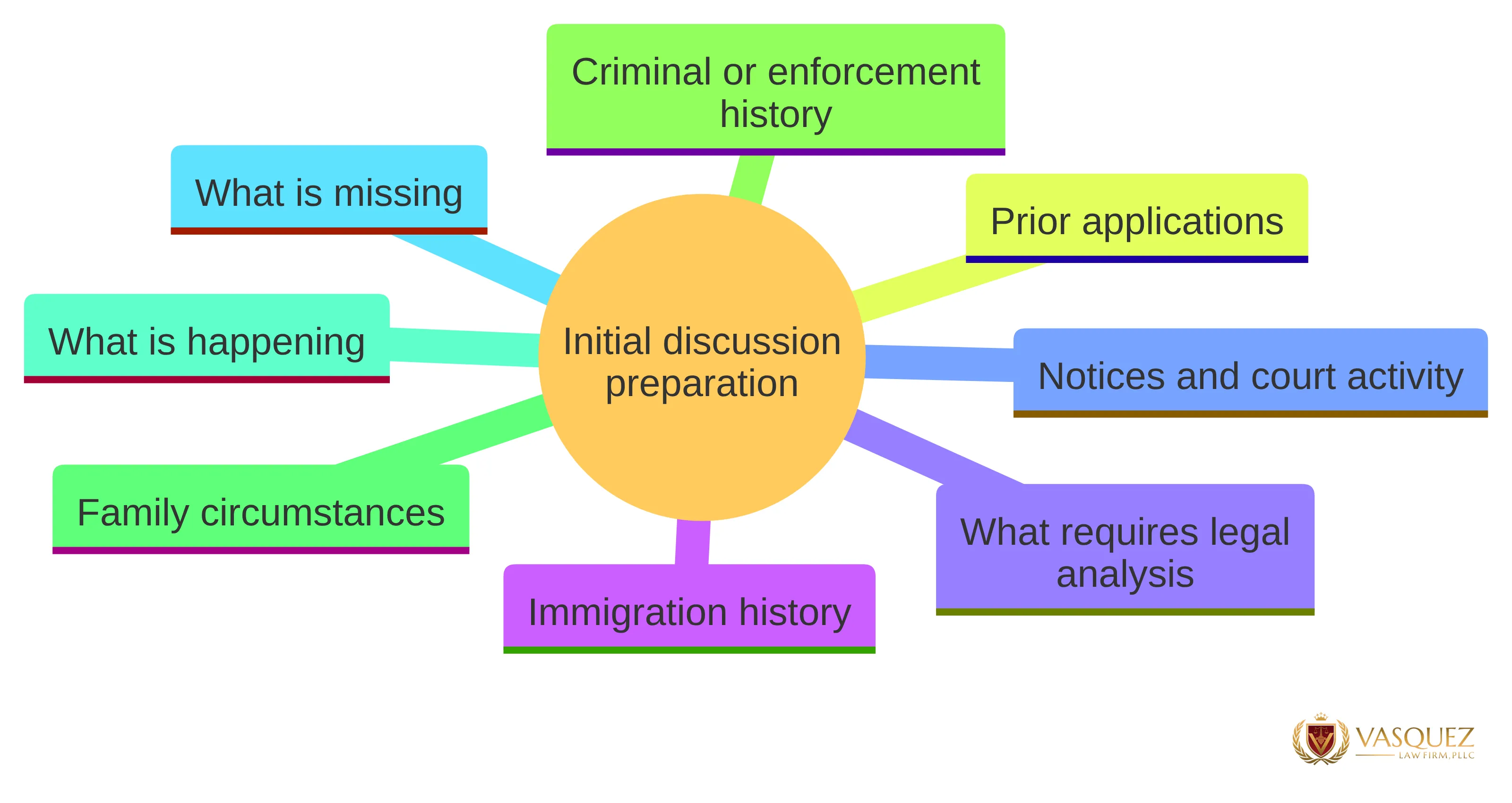 Concept chart showing the named information categories and question groups an attorney may review during an initial discussion: immigration history, notices and court activity, prior applications, criminal or enforcement history, family circumstances, what is happening, what is missing, and what requires legal analysis.