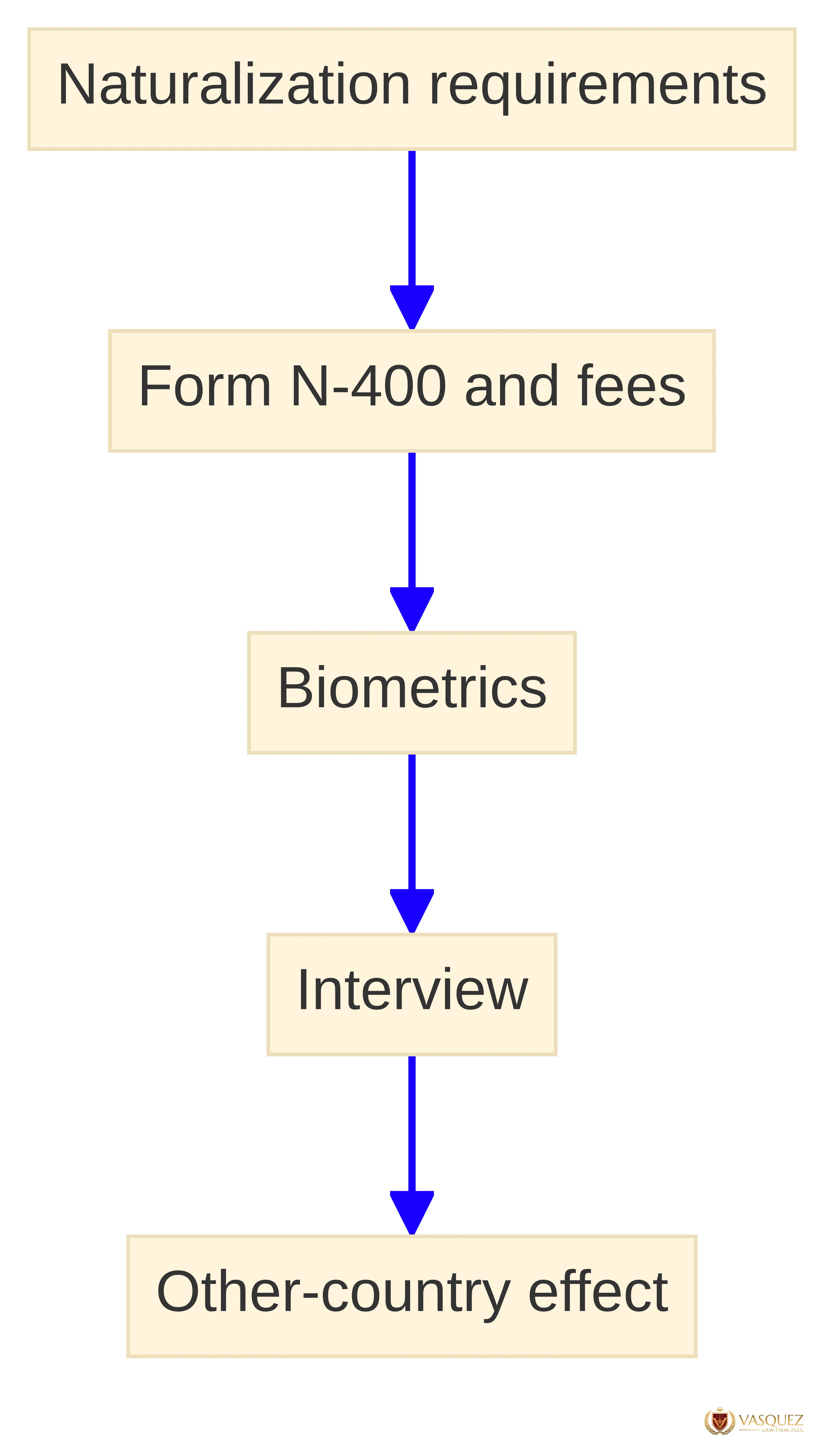 Process chart showing the U.S. naturalization sequence from identifying naturalization requirements to Form N-400 and fees, biometrics, the interview, and a separate other-country effect inquiry. The chart emphasizes that the U.S. process does not answer the other-country question.