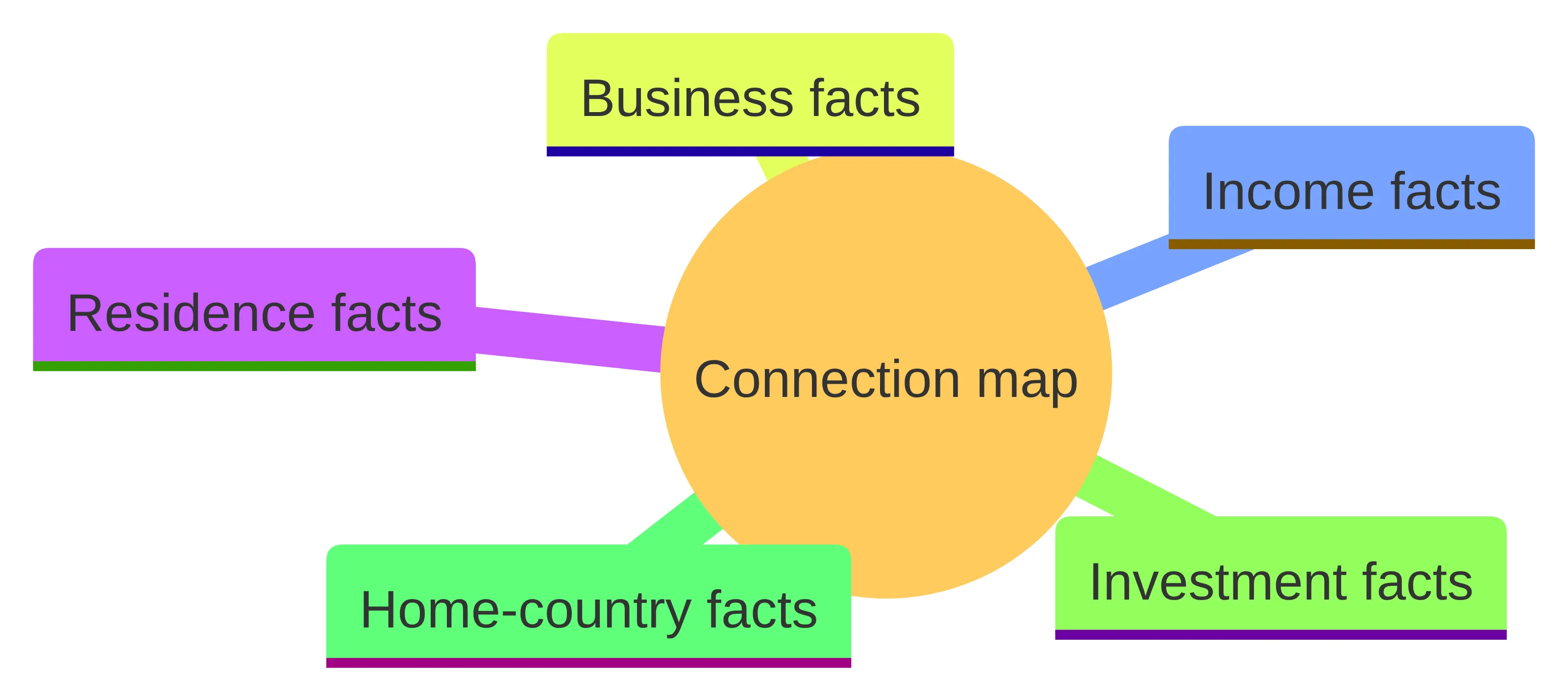 Concept chart showing a connection map divided into five named parts: residence facts, income facts, business facts, investment facts, and home-country facts.