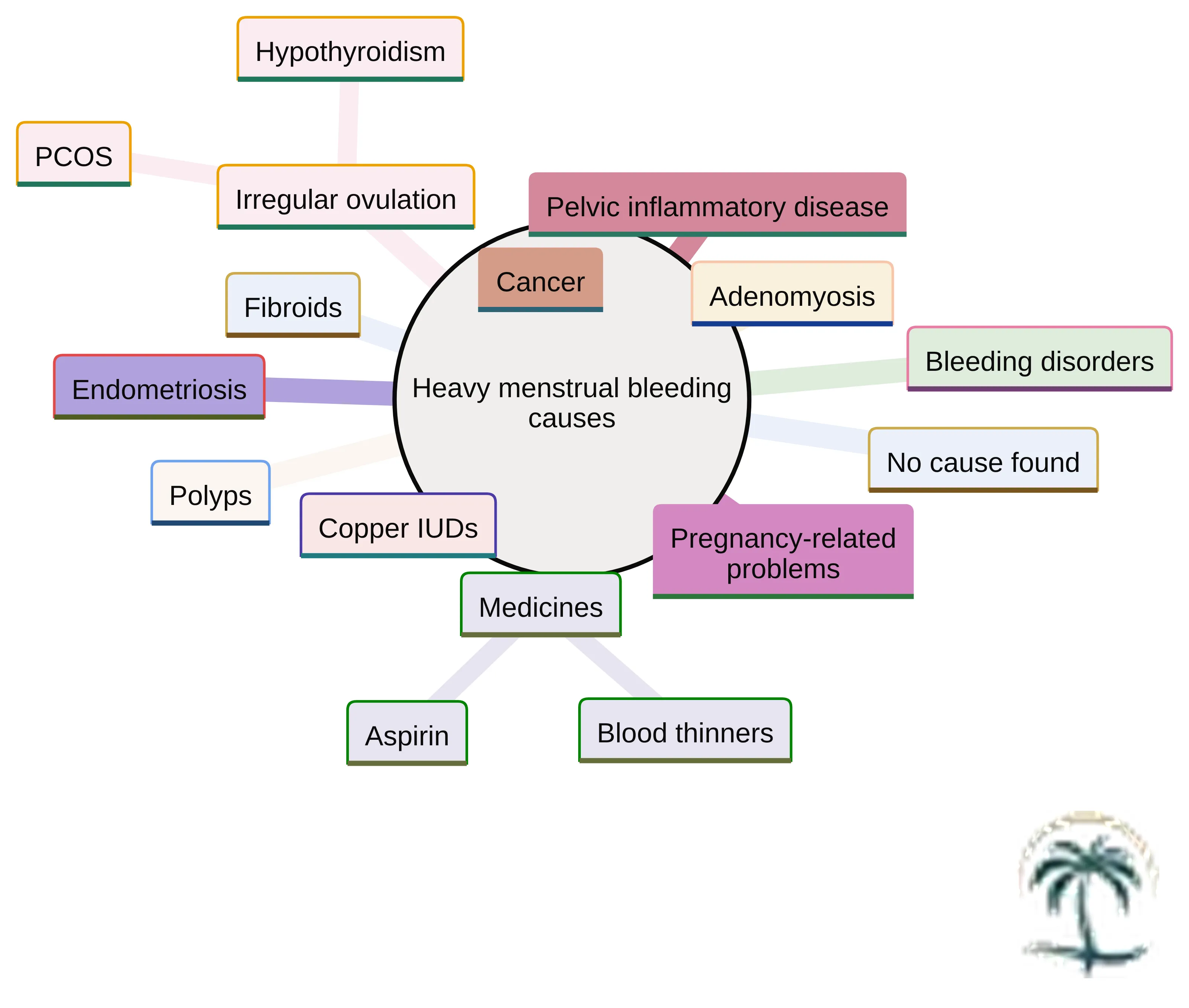 Concept chart showing named possible causes of heavy menstrual bleeding, including fibroids, polyps, adenomyosis, irregular ovulation, PCOS, hypothyroidism, bleeding disorders, medicines, copper IUDs, endometriosis, pregnancy-related problems, pelvic inflammatory disease, cancer, and cases where no cause is found.