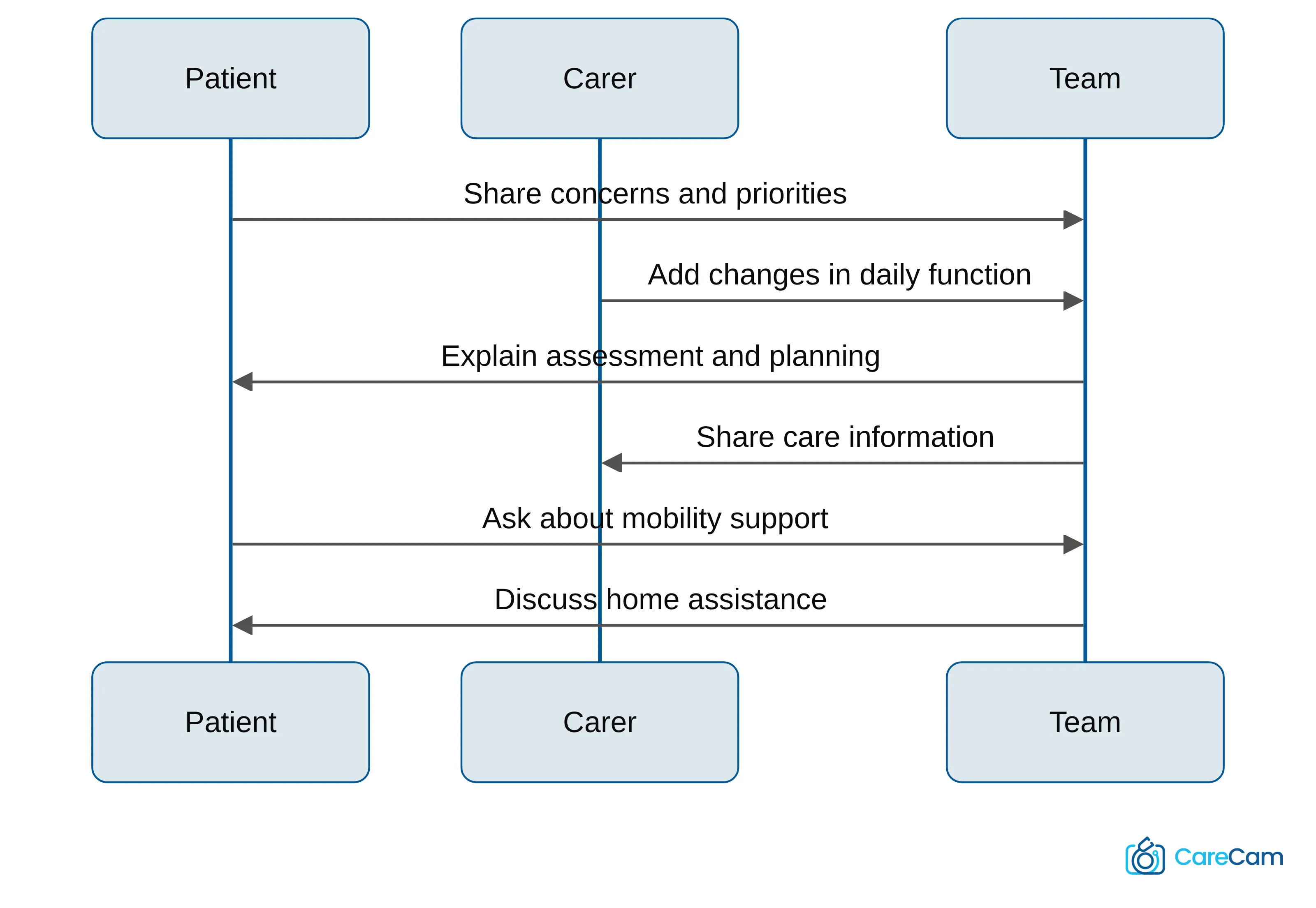 Chart showing an exchange between the patient, carer, and healthcare team: the patient shares concerns and priorities, the carer adds changes in daily function, the team explains assessment and planning, shares care information, and discusses home assistance.
