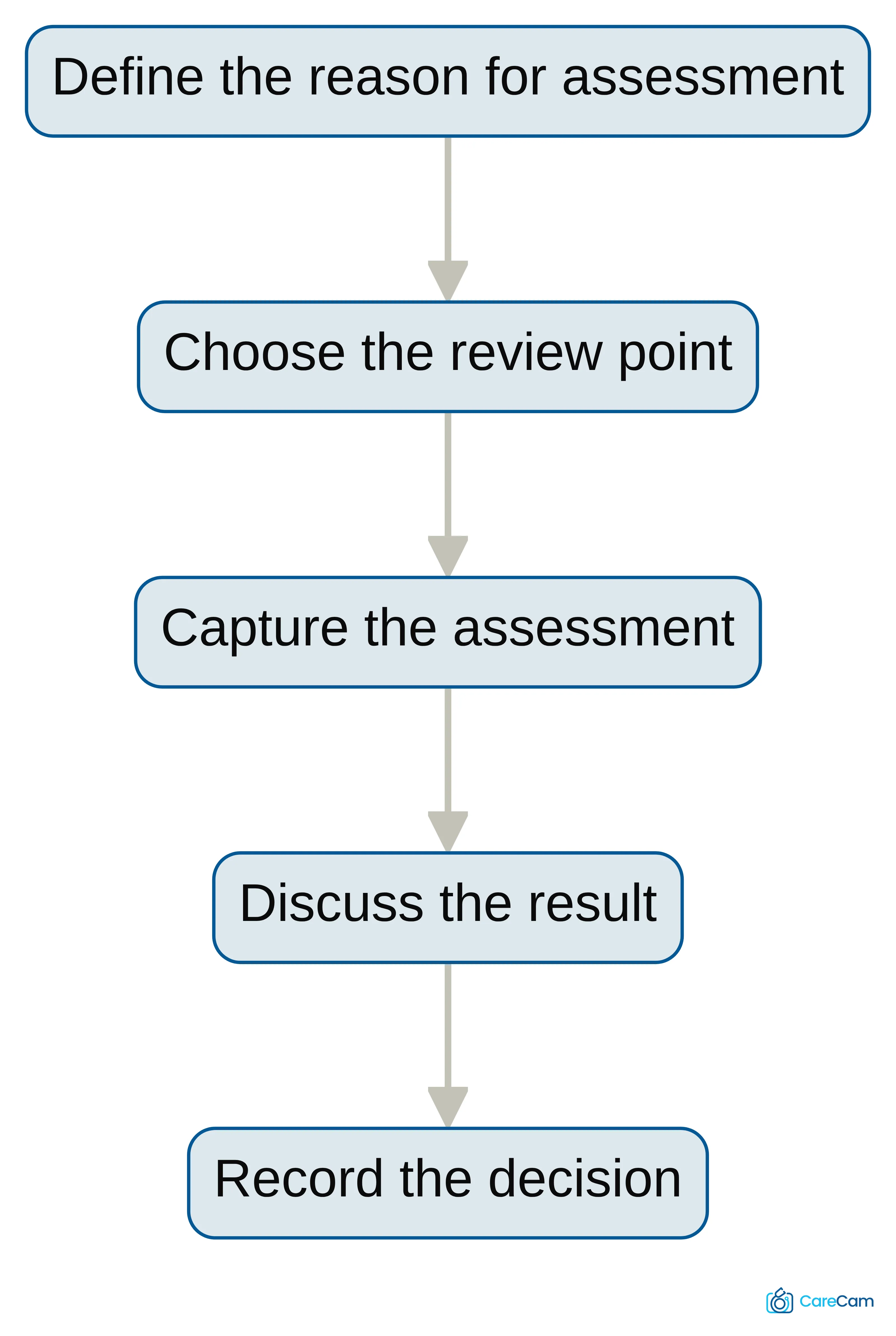 Process chart showing a daily-care measurement workflow from defining the reason for assessment, choosing the review point, capturing the assessment, discussing the result, and recording the decision. The chart presents the five stated workflow steps in order.