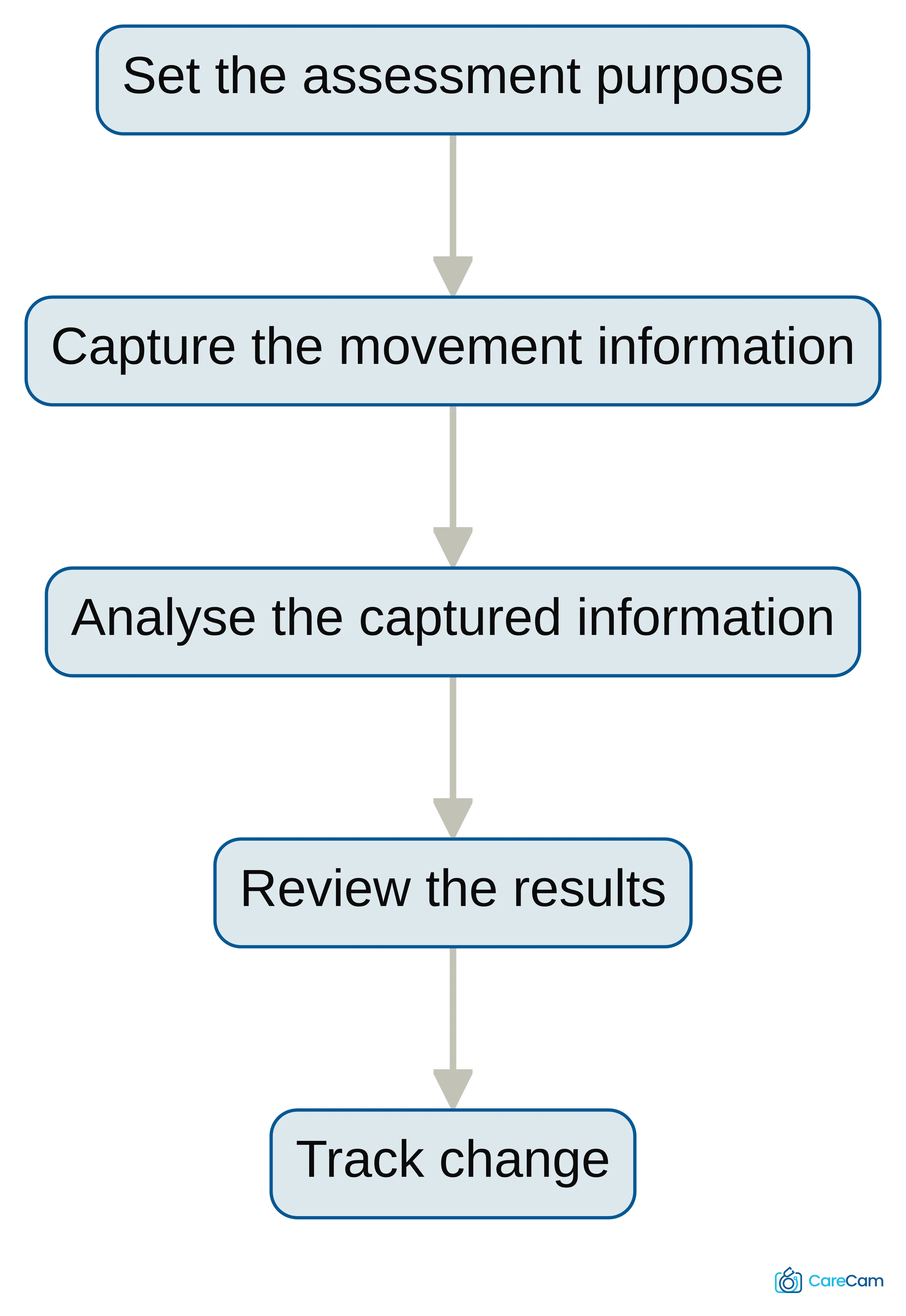 Process chart showing the CareCam assessment workflow from setting the assessment purpose to capturing movement information, analysing it, reviewing the results, and tracking change over time.